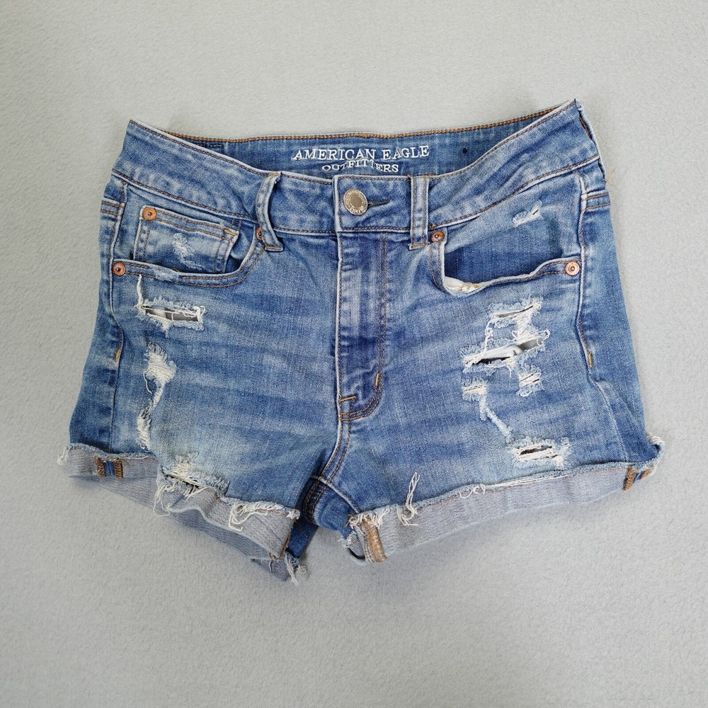 American Eagle Shorts Women 6 Blue Hi-Rise Shortie Super Stretch Distressed